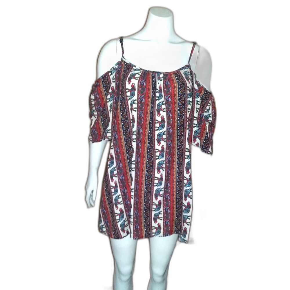 Rue 21 Elephant Dress Small Cold Shoulder Mini Flowy Short Bohemian Adorable